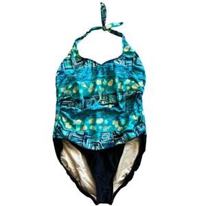 Women's TravelSmith Halter One Piece Bathing Suit Size 22W Blue Green Black